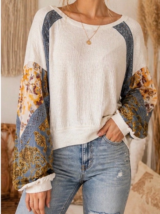 Free People Tops - Free People Cream Pullover with Blue and Mustard Floral Patchwork Sleeves Boho